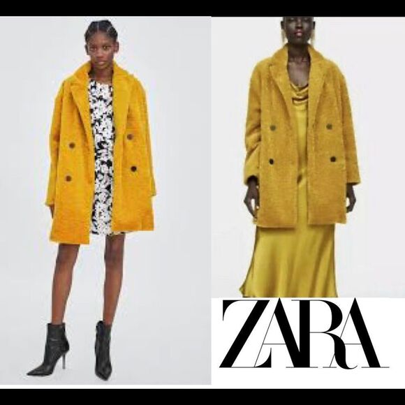 𝅺ZARA NWOT mustard yellow oversized teddy coat size extra small - Picture 1 of 15